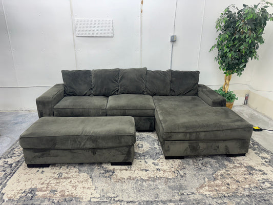 Gray L Shape Corduroy Sectional with Ottoman