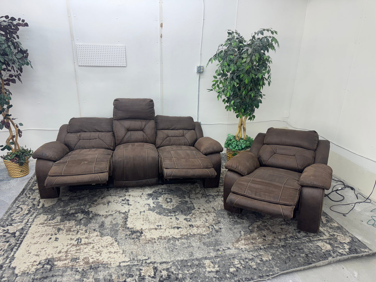 Couch & Recliner Set – Brown Microsuede Electric Reclining Sofa and Armchair