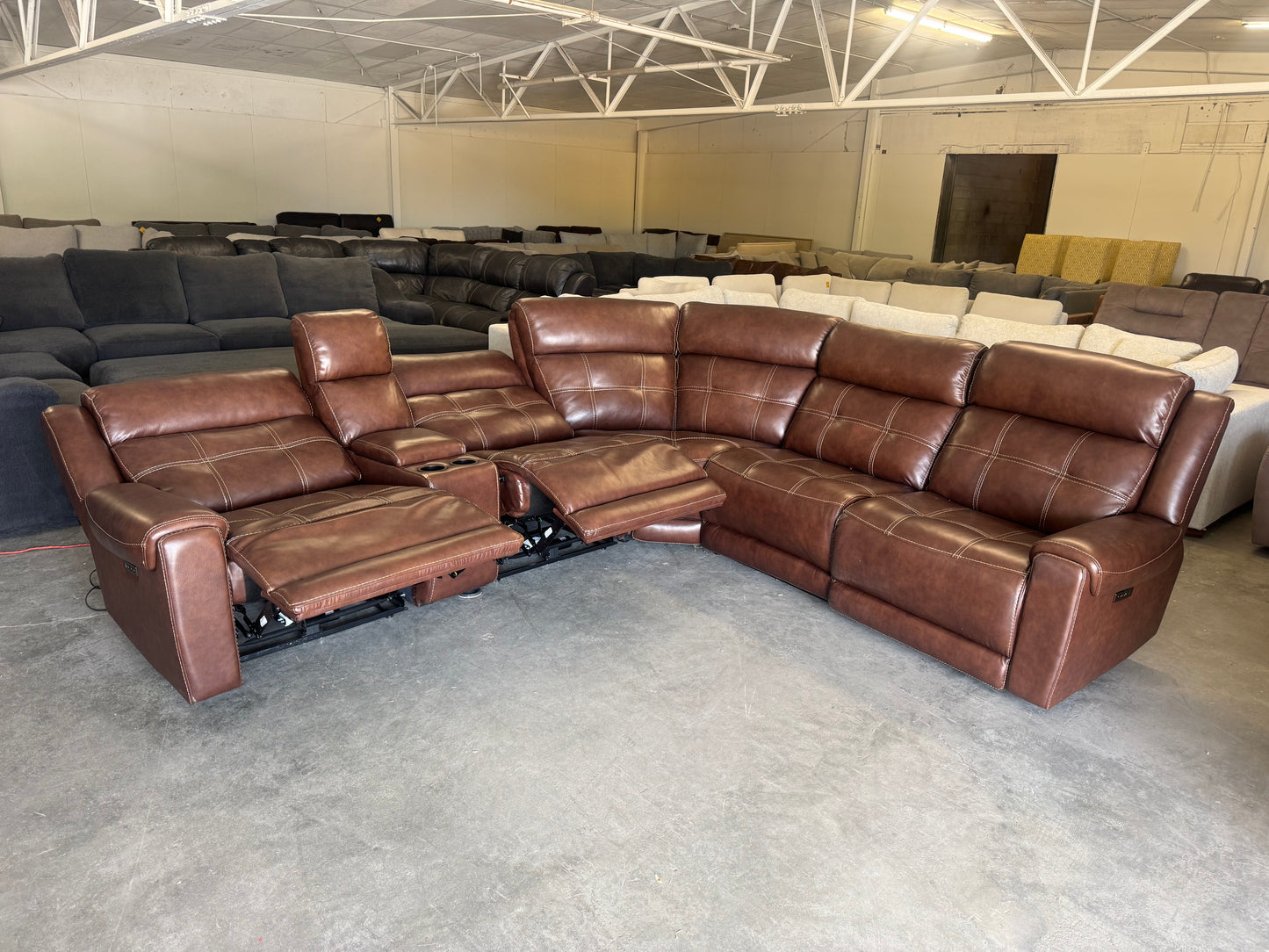 Brown Leather Modular Reclining Sectional – Three Power Recliners