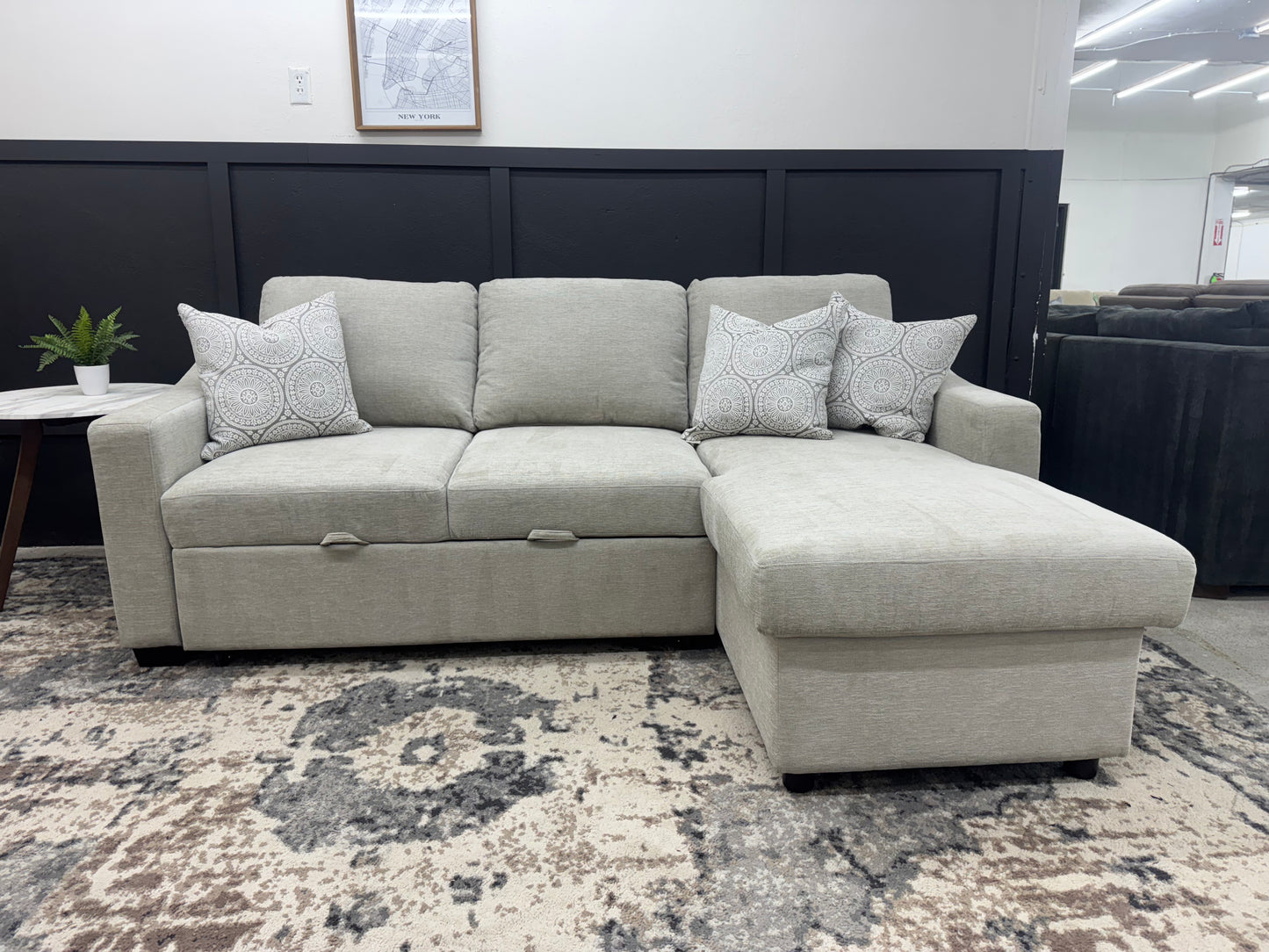 Costco Aria Beige Sectional with Reversible Storage Chaise, Sleeper Ottoman and Electric Charging Ports