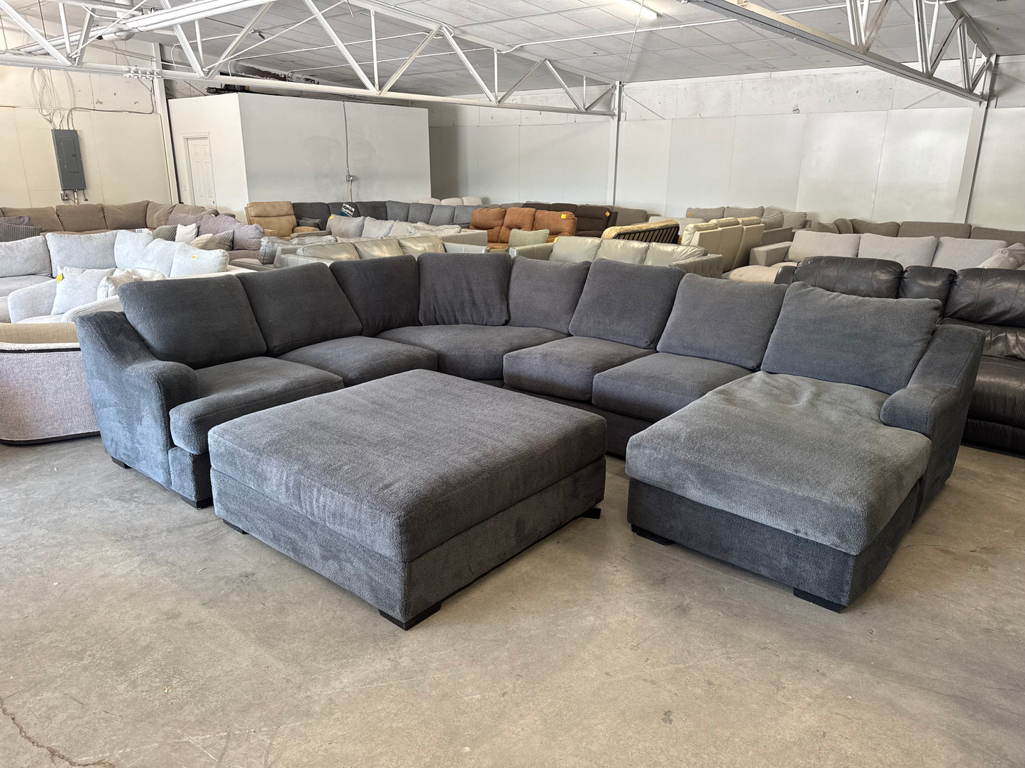 Oversized Charcoal Gray Plush Sectional with Ottoman