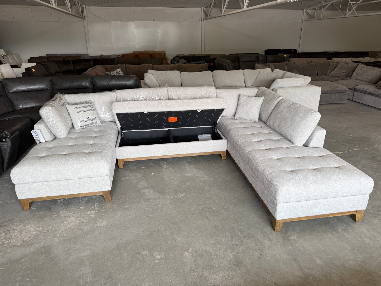 Brand New Gray Mid Century Modern U-Shaped Sectional with Dual Chaise Lounges