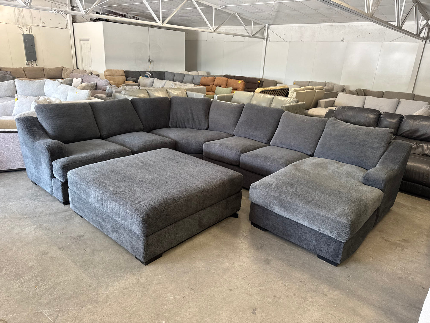 Oversized Charcoal Gray Plush Sectional with Ottoman