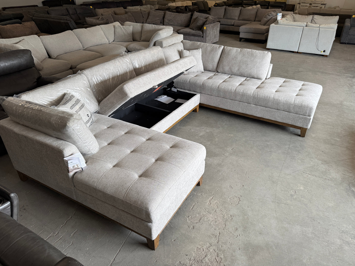 Brand New Gray Mid Century Modern U-Shaped Sectional with Dual Chaise Lounges