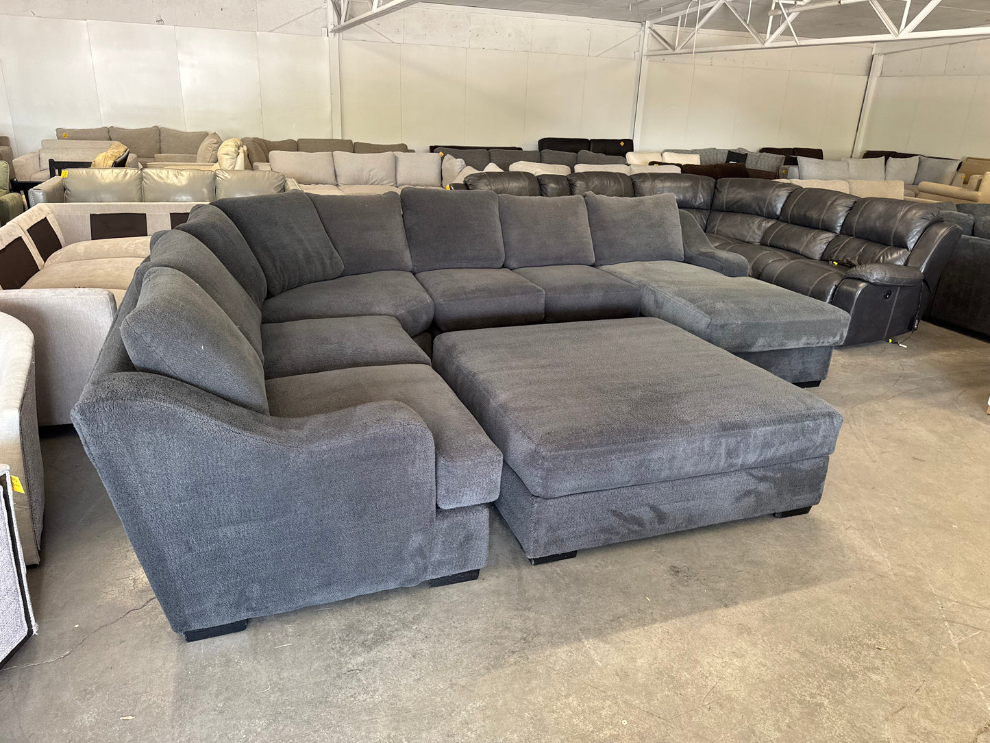 Oversized Charcoal Gray Plush Sectional with Ottoman