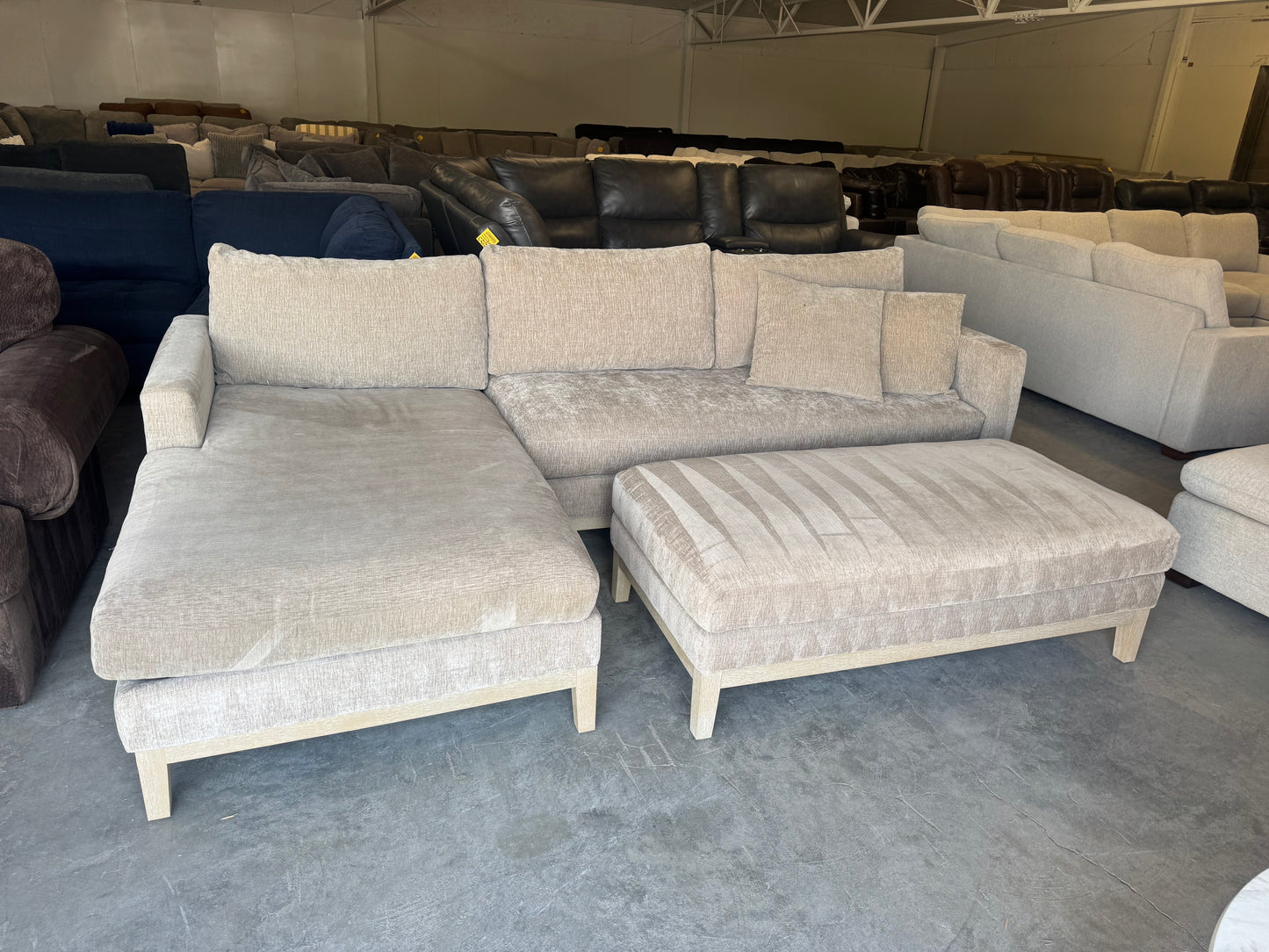 Down-Filled Mid-Century Modern Taupe Fabric L-Shape Sectional with Ottoman