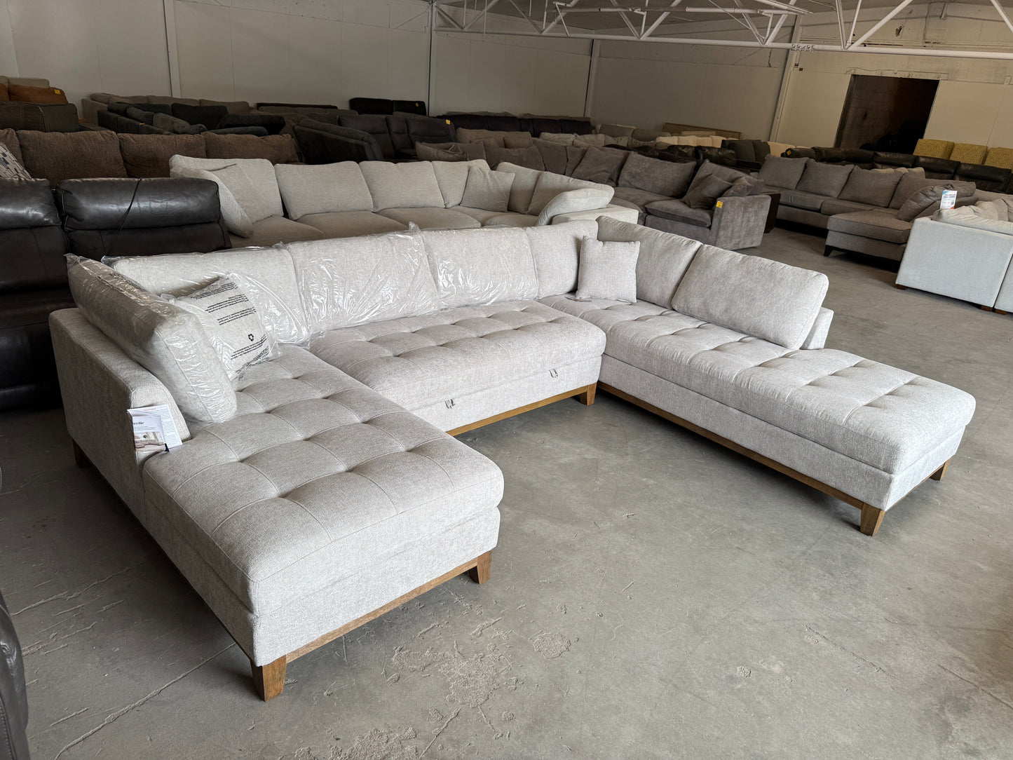 Brand New Gray Mid Century Modern U-Shaped Sectional with Dual Chaise Lounges