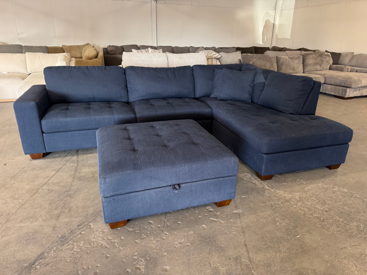 Blue L Shape Sectional with Storage Ottoman
