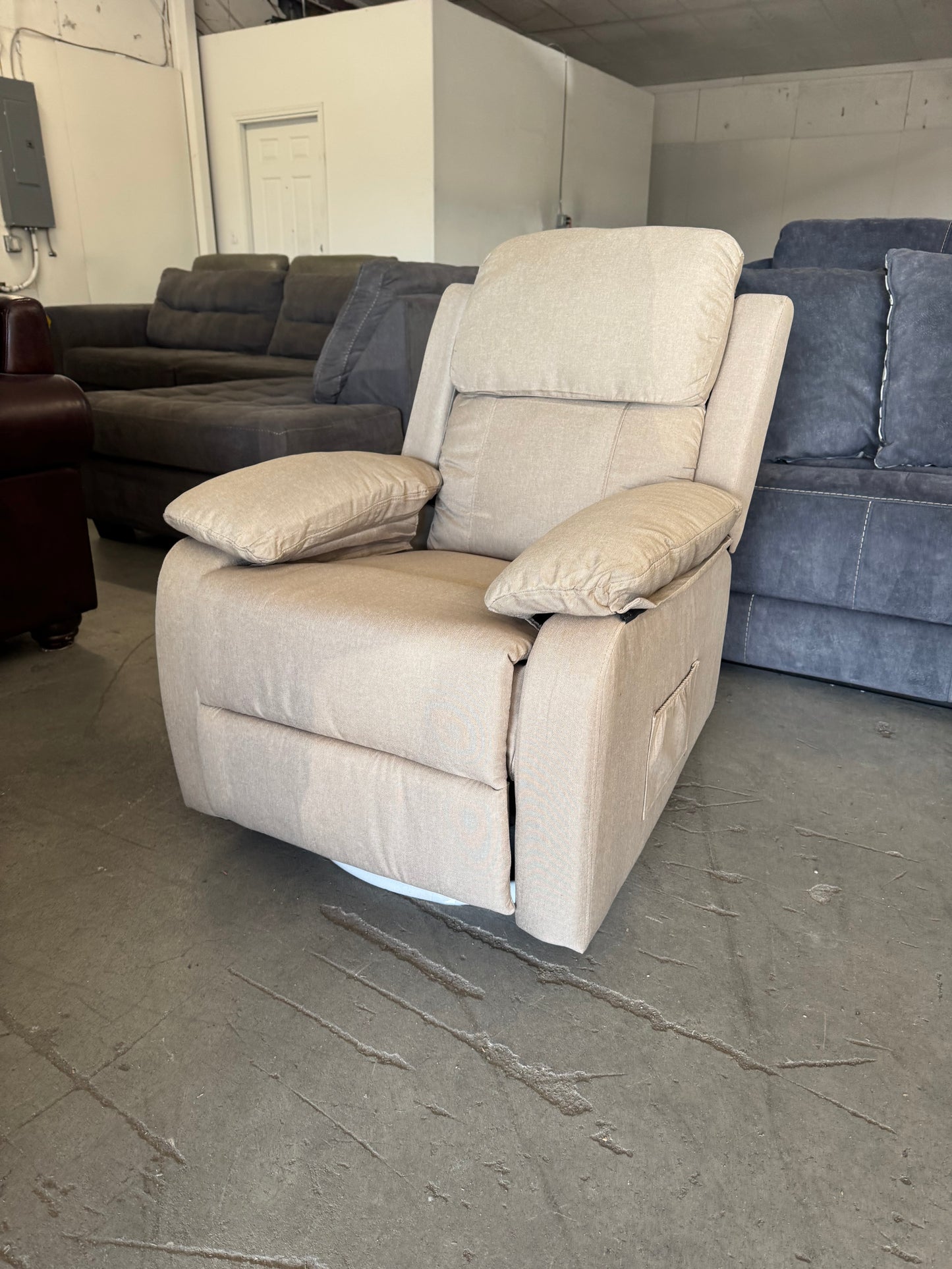 Brand New Beige Fabric Swivel Recliner
