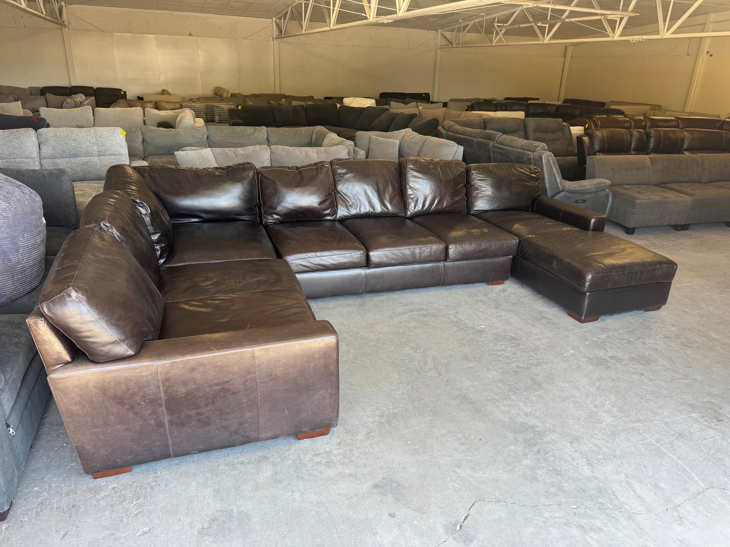 Huge Deep-Seated Brown Leather U-Shape Sectional