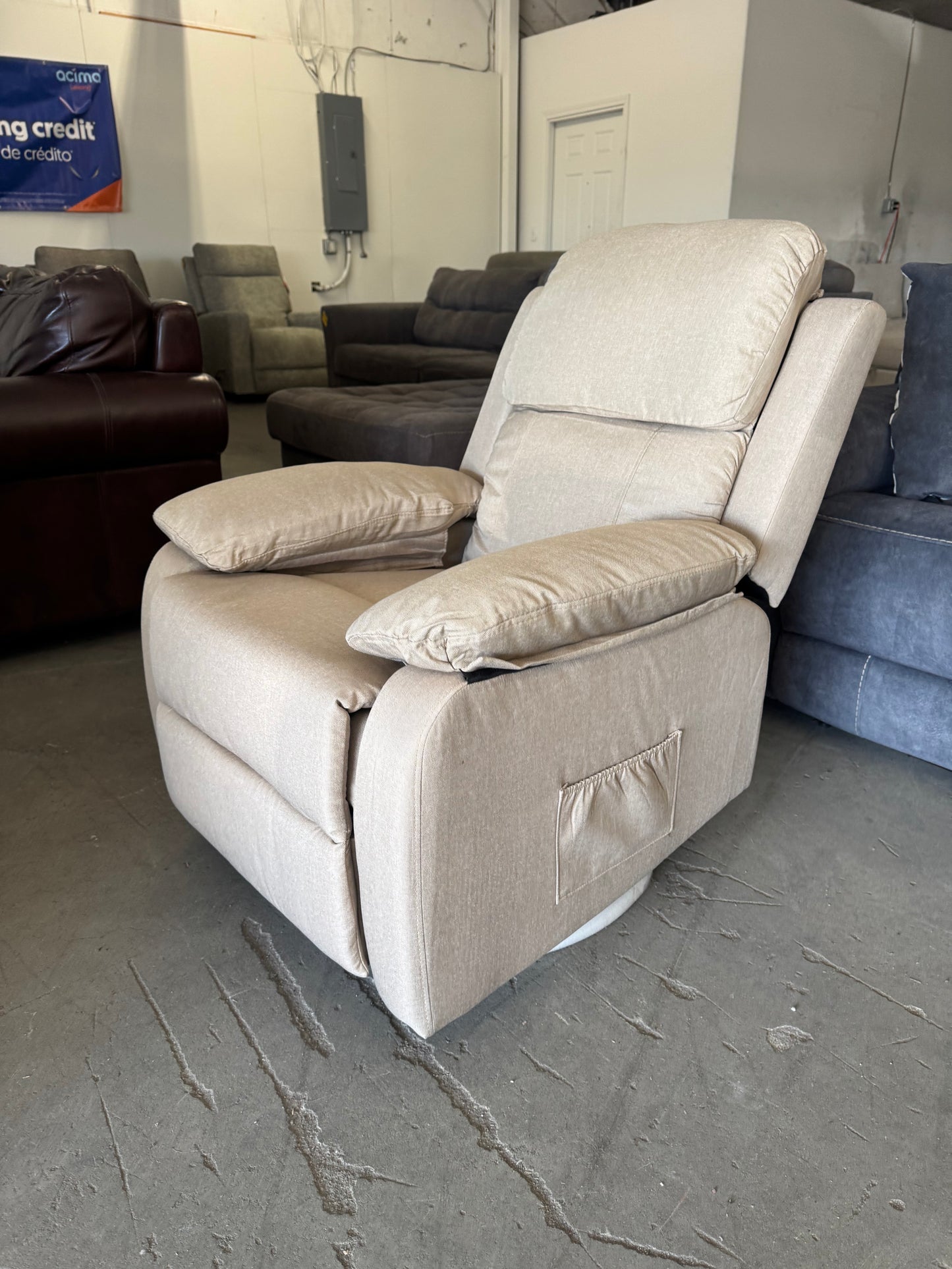 Brand New Beige Fabric Swivel Recliner