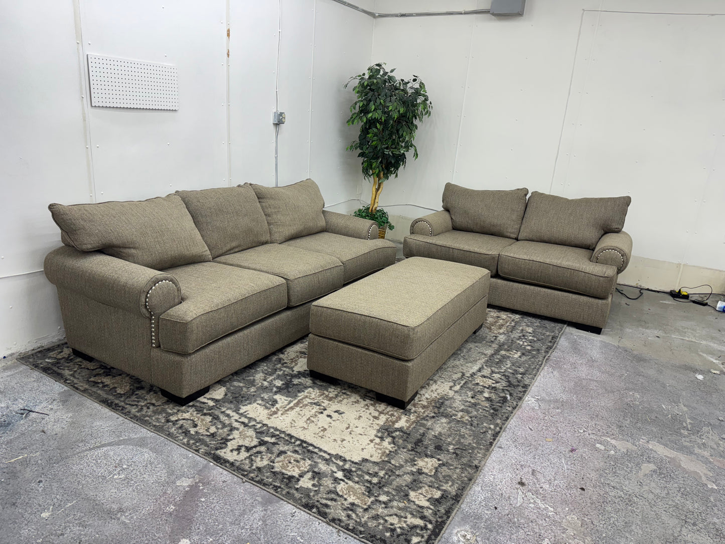 Brown Sofa & Loveseat w/ Ornate Trim