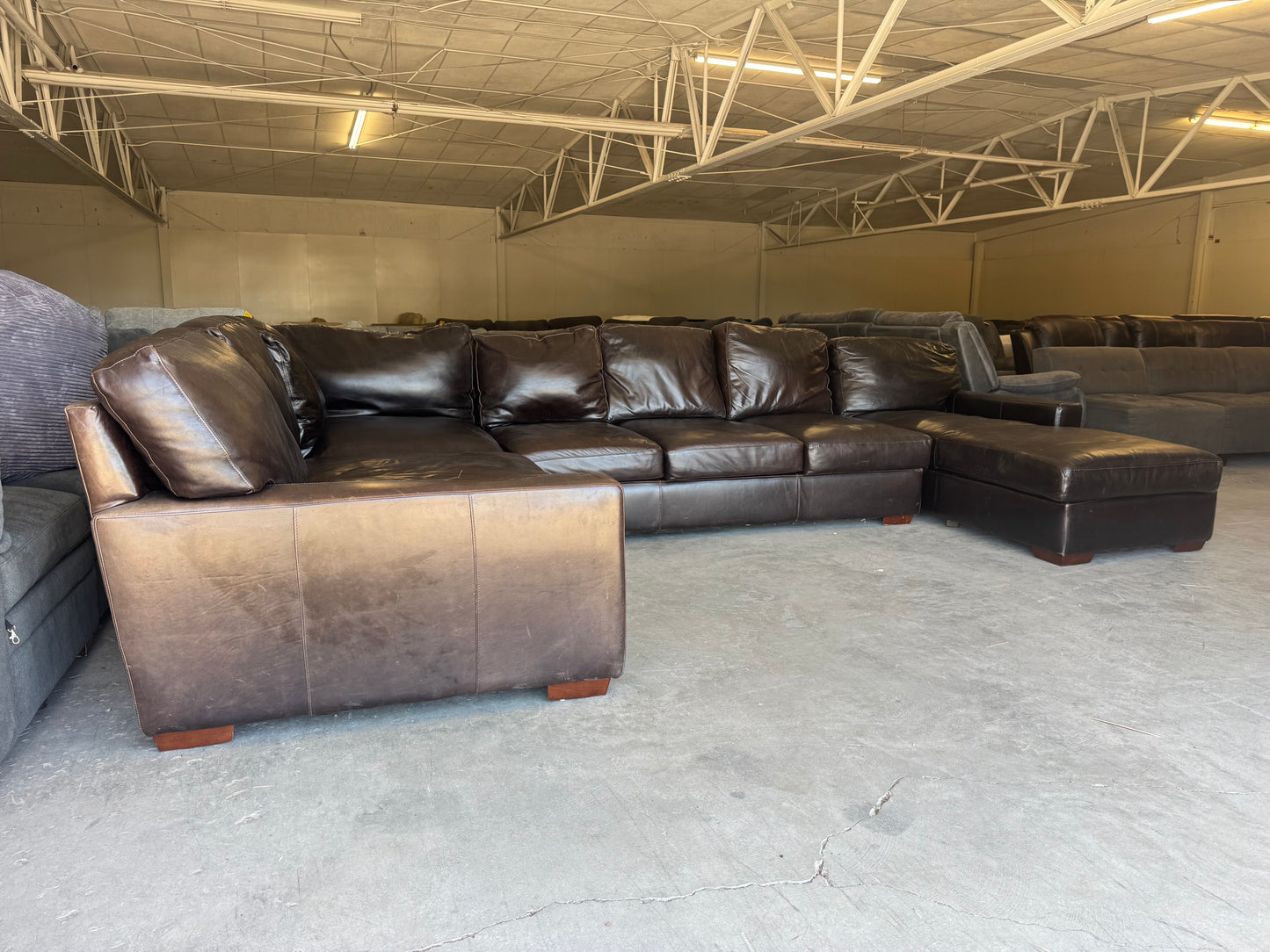 Huge Deep-Seated Brown Leather U-Shape Sectional