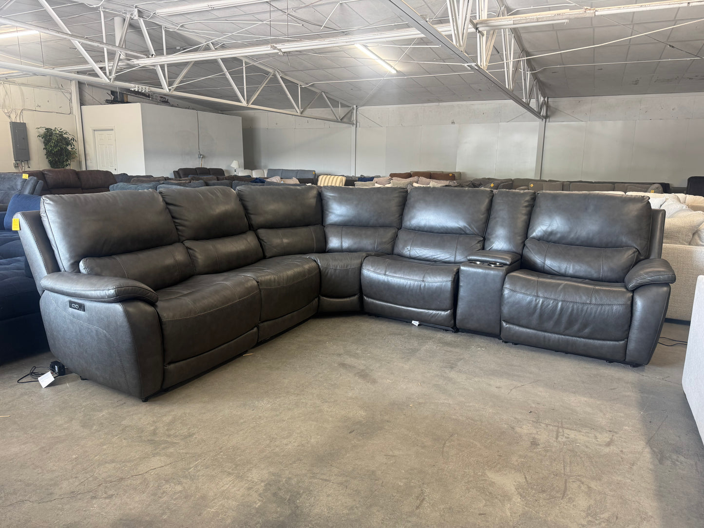 Charcoal Gray Leather 6-Piece Modular Sectional w/ 3 Power Recliners