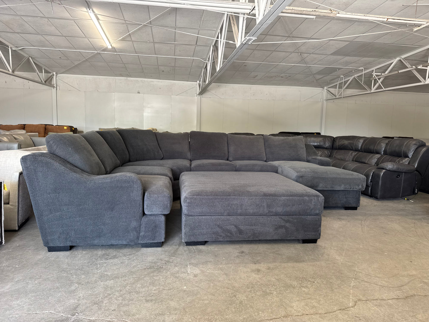 Oversized Charcoal Gray Plush Sectional with Ottoman