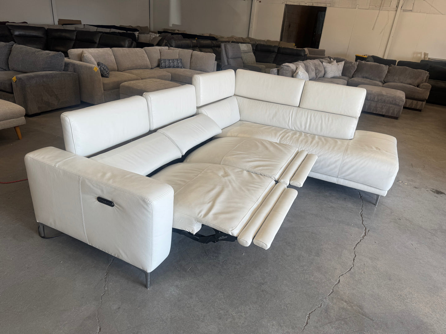 White Leather Power Reclining Sectional with Chaise