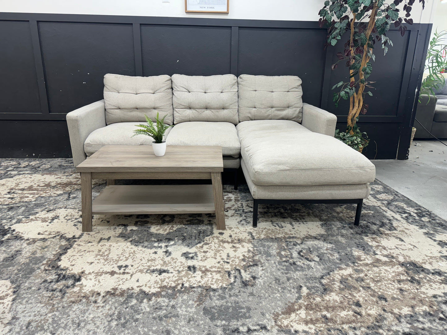 Cute Beige Gray Mid Century Modern Apartment Sectional with Reversible Chaise