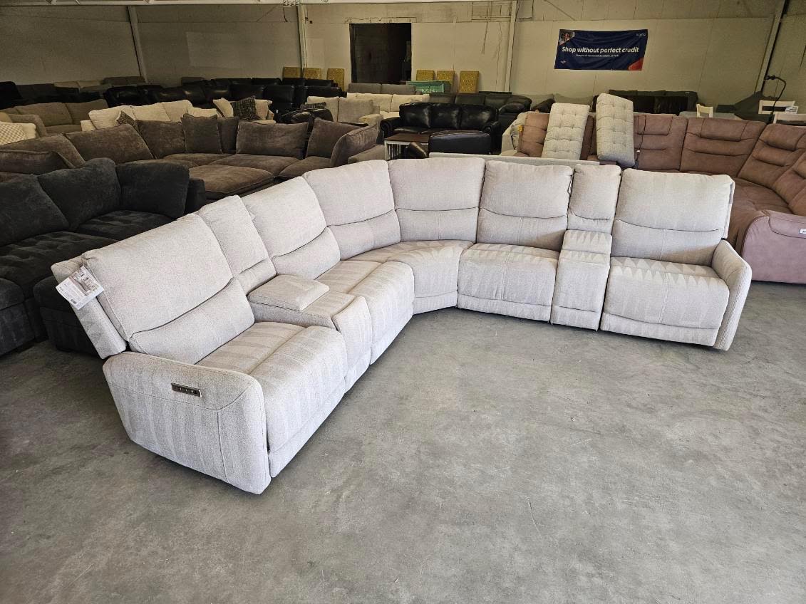 Light Gray Modular Fabric Power Reclining Sectional w/ Power Lumbar & Headrests