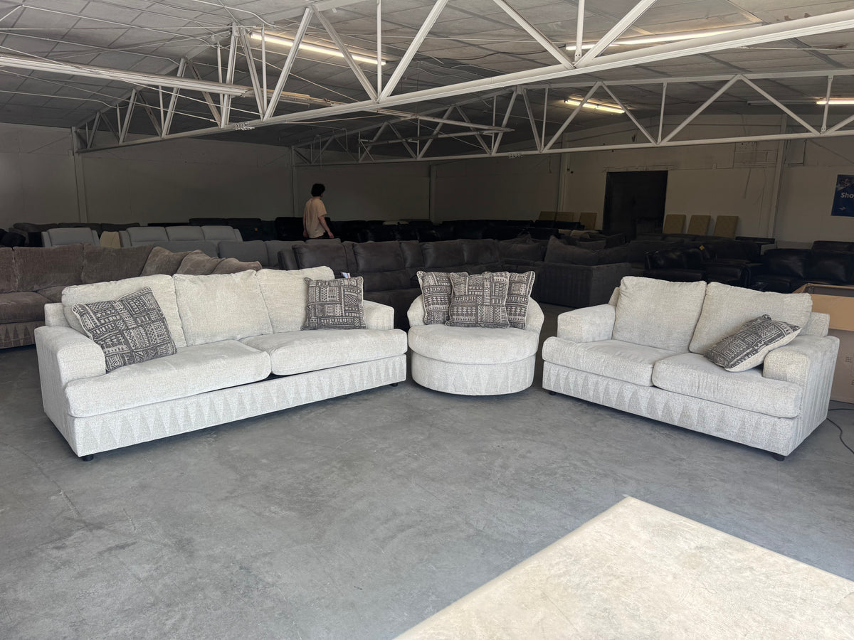 Living Room Set – Plush Beige Sleeper Sofa, Loveseat & Barrel Chair