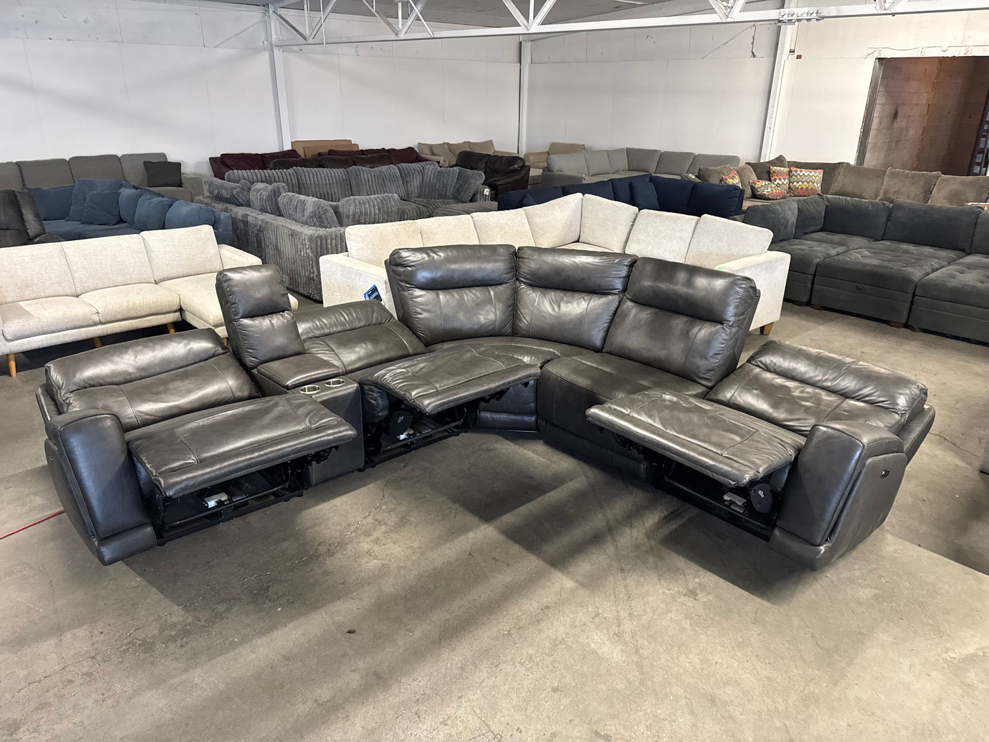 Dark Gray Leather 6-Piece Power Reclining Sectional w/ Power Headrests