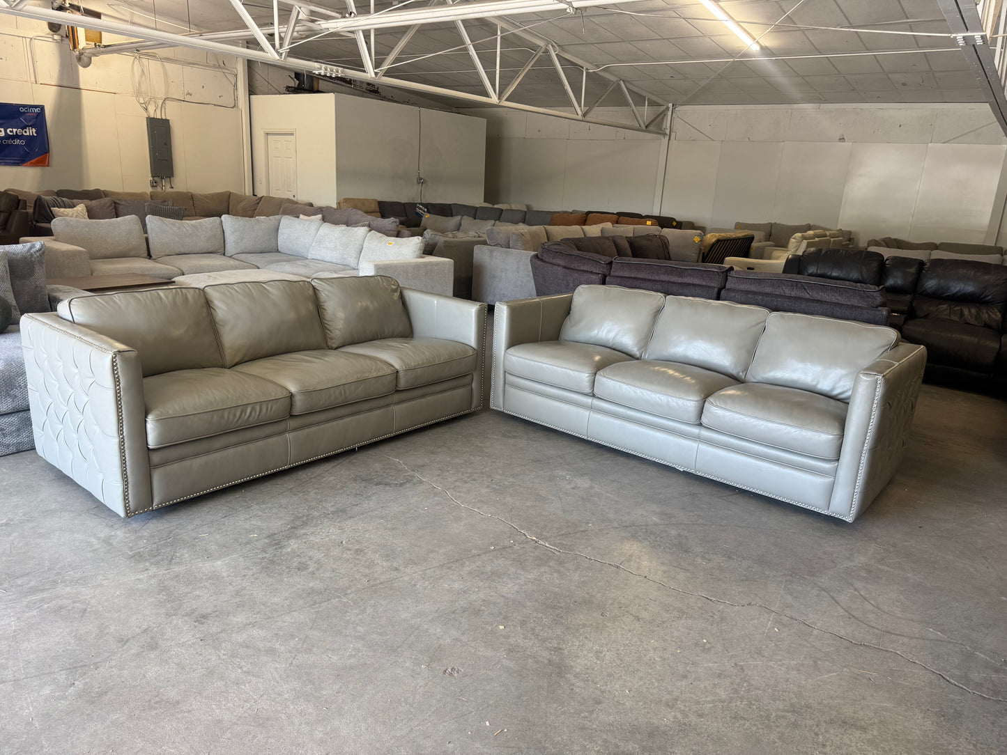Gray Leather Couch Set with Ornate Nailhead Trim