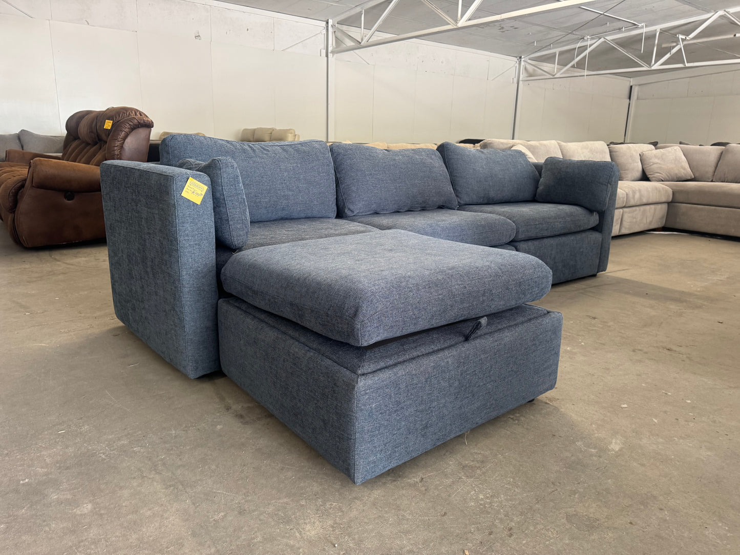 Denim Blue Modular Sofa with Storage Ottoman