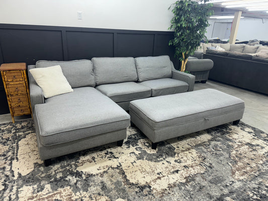 Large Light Gray Sectional Couch with Storage Ottoman