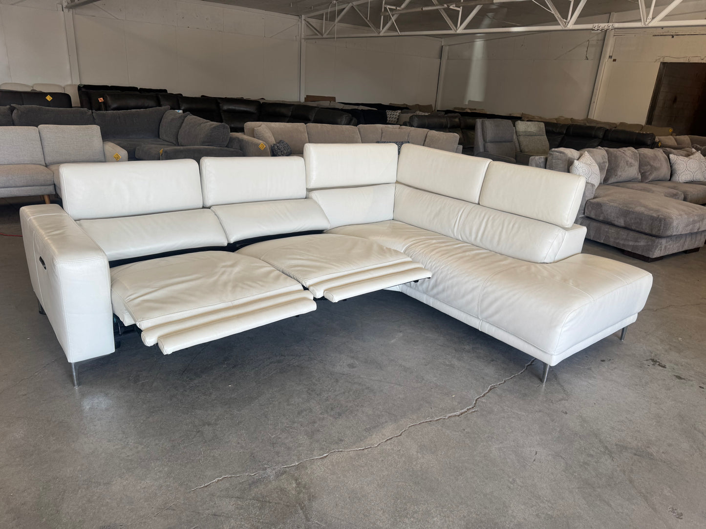 White Leather Power Reclining Sectional with Chaise