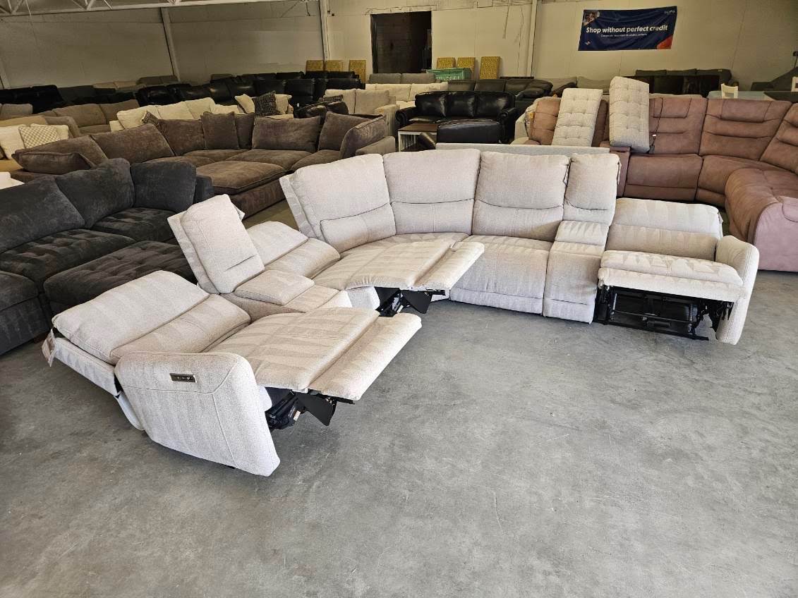 Light Gray Modular Fabric Power Reclining Sectional w/ Power Lumbar & Headrests