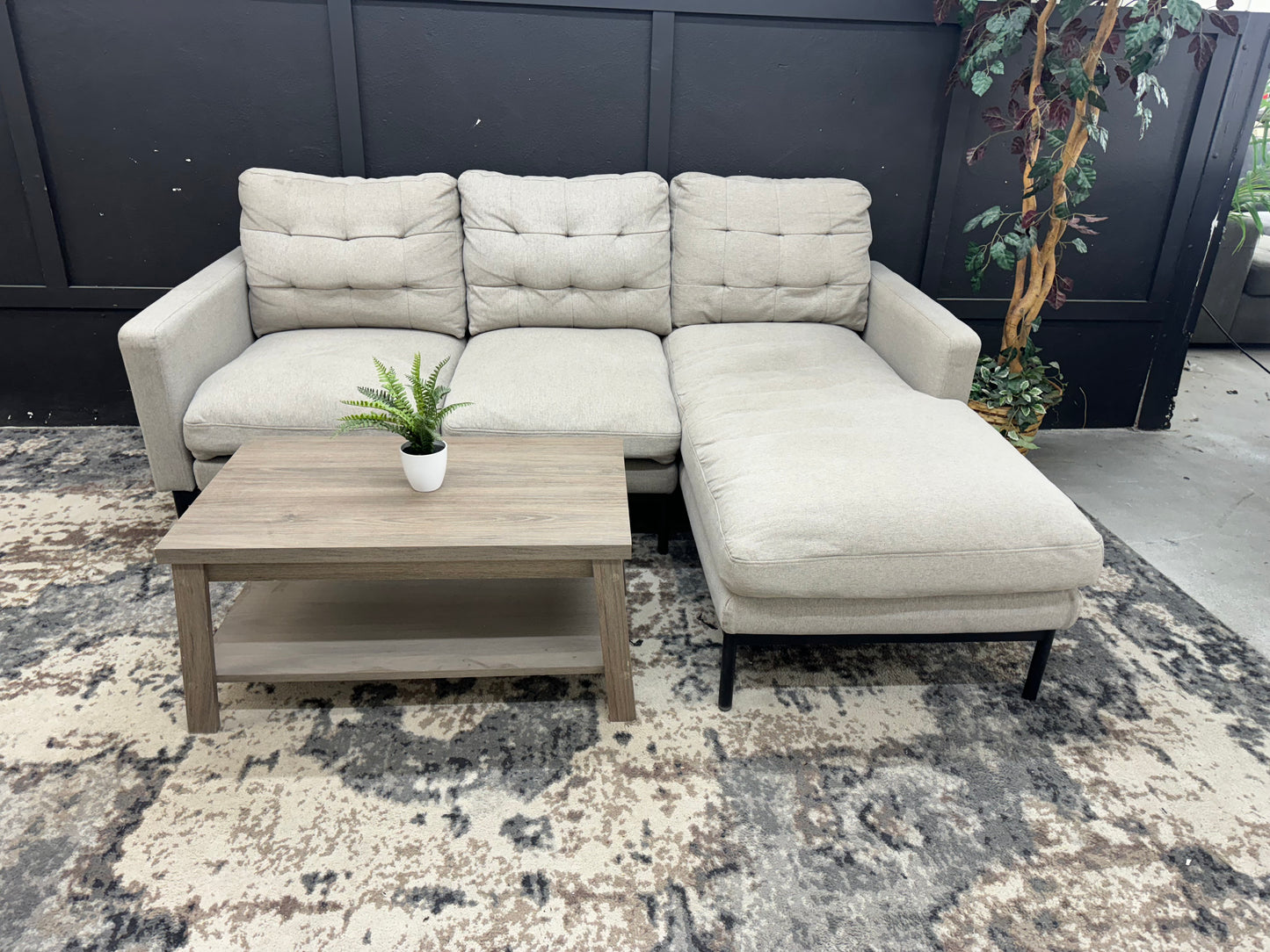 Cute Beige Gray Mid Century Modern Apartment Sectional with Reversible Chaise