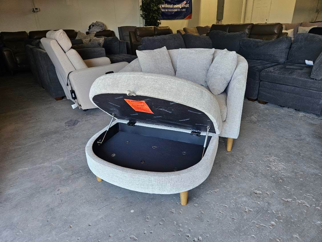 Beige Gray Accent Chair with Storage Ottoman