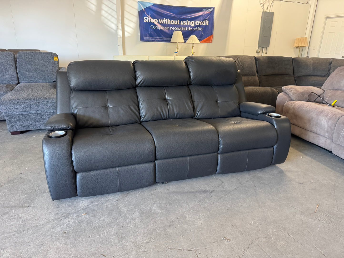 Gray Faux Leather Power Reclining Sofa with Drop-Down Console
