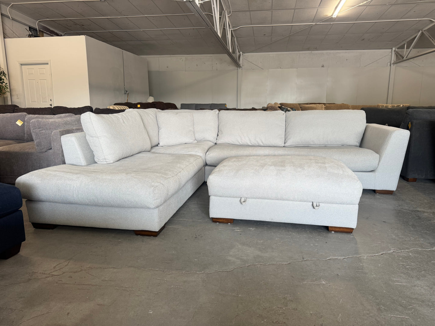 Gray/Beige Down-Filled Sectional Sofa with Oversized Chaise & Storage Ottoman