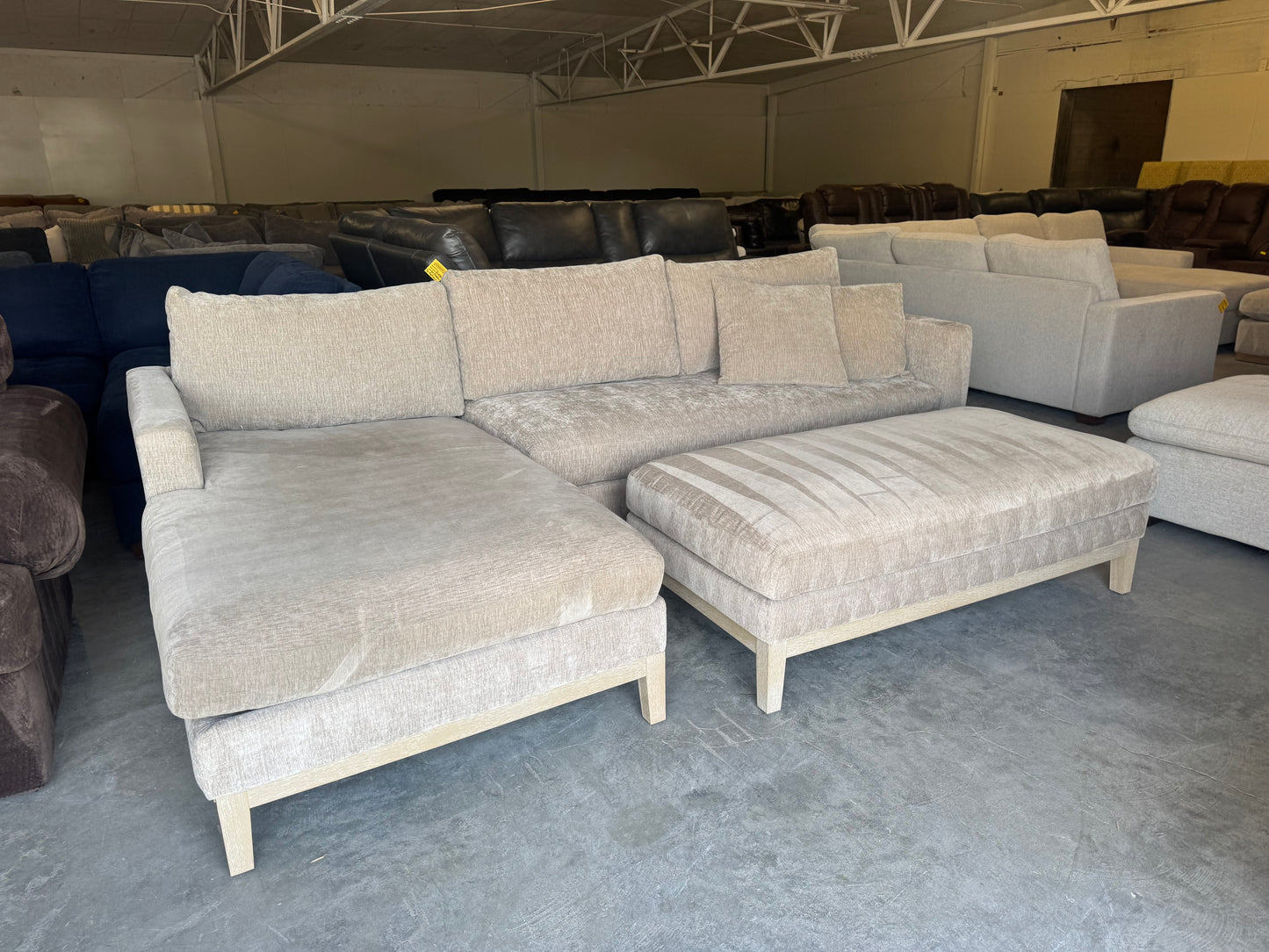 Down-Filled Mid-Century Modern Taupe Fabric L-Shape Sectional with Ottoman