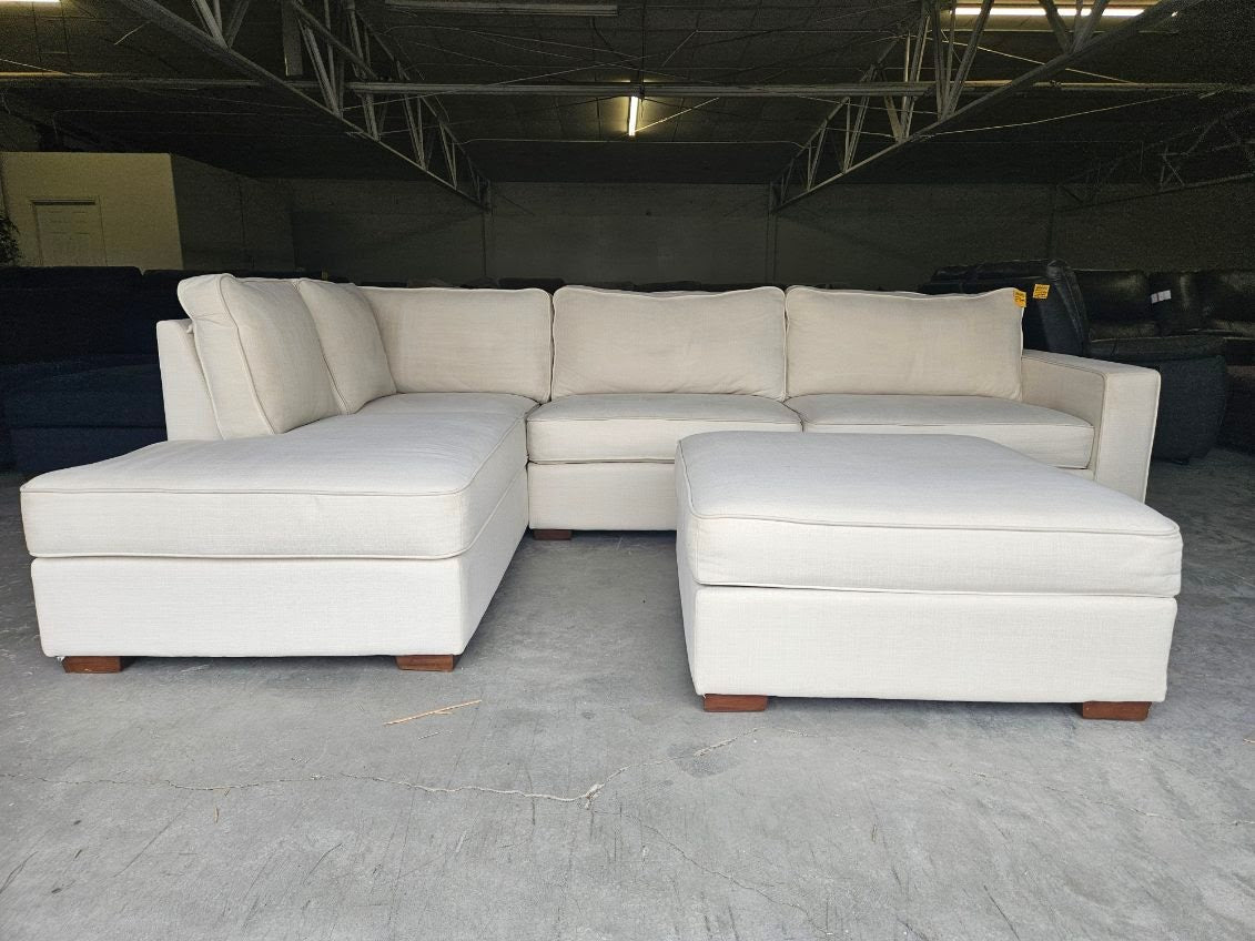 Beige Linen L-Shaped Sofa with Storage Ottoman