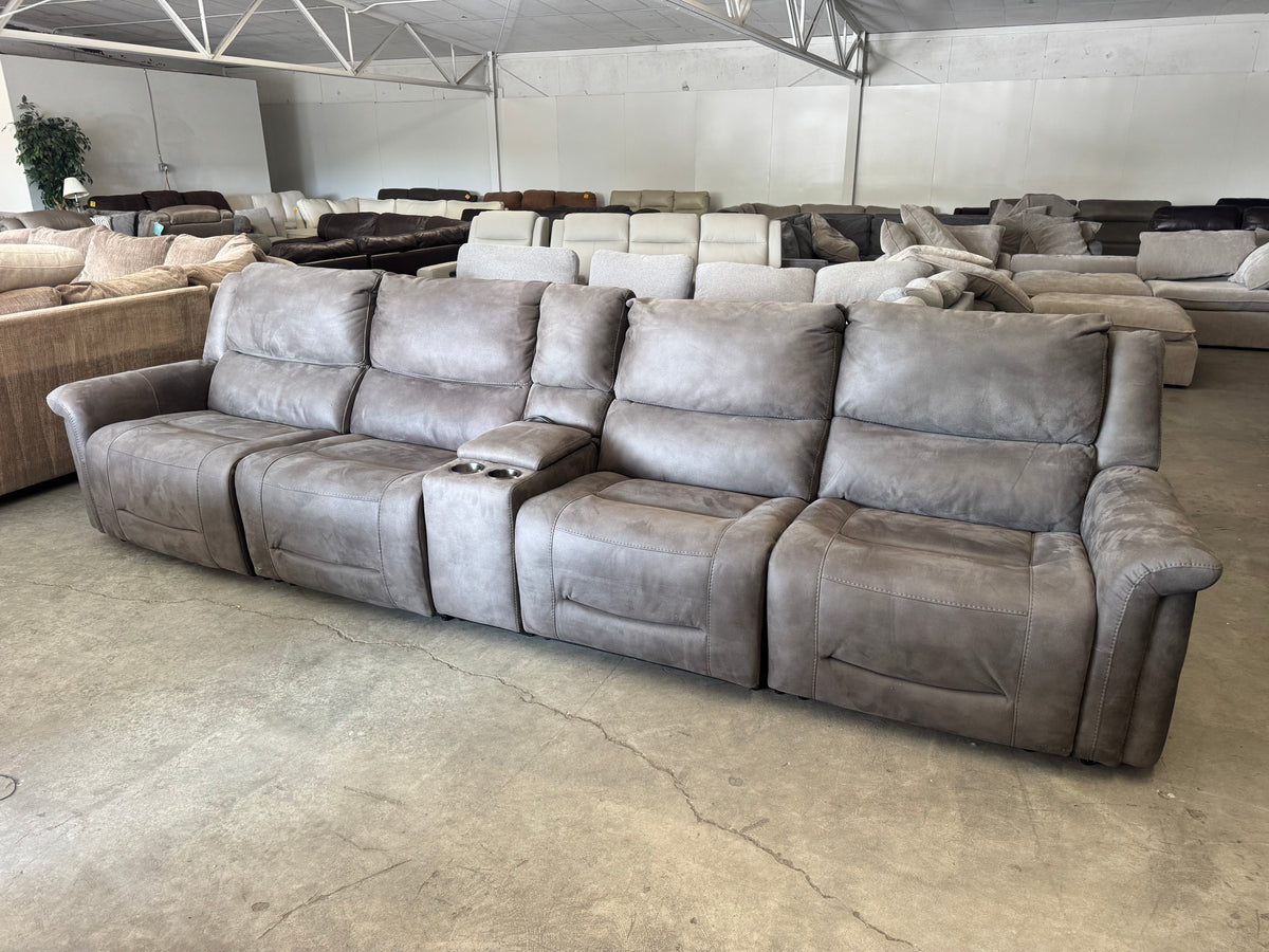 Modular Brown/Gray Power Reclining Theater Sofa w/ Adjustable Headrest