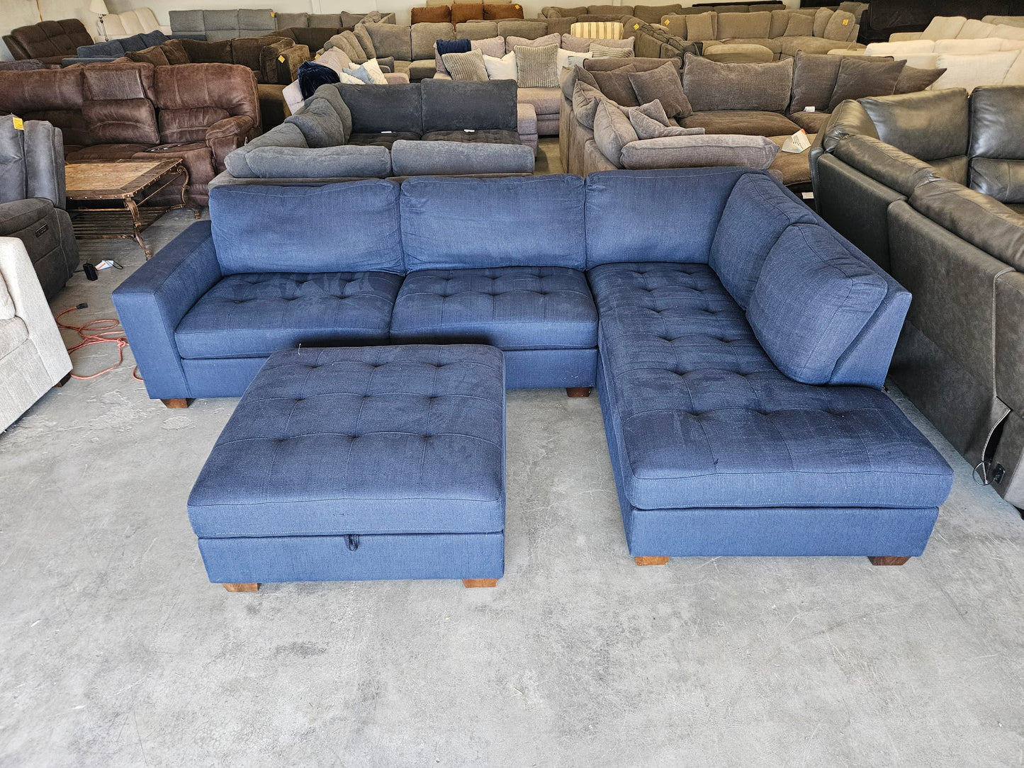 Blue L Shape Sectional with Storage Ottoman