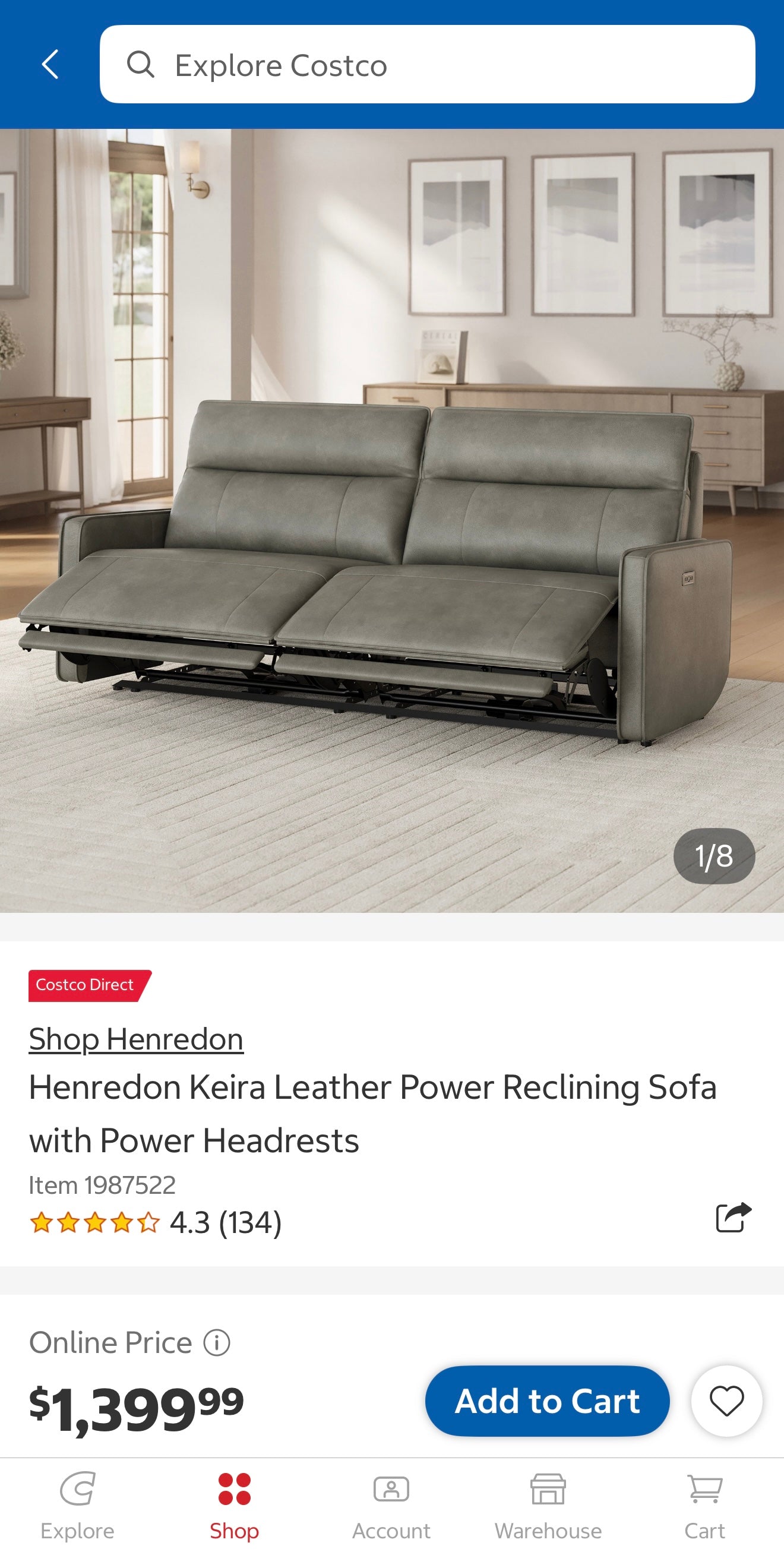 New Henredon Keira Leather Zero-Gravity Power Reclining Sofa