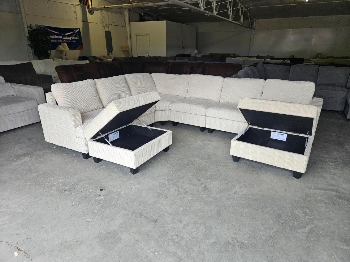 Cream Corduroy Modular Sectional with Dual Storage Ottomans