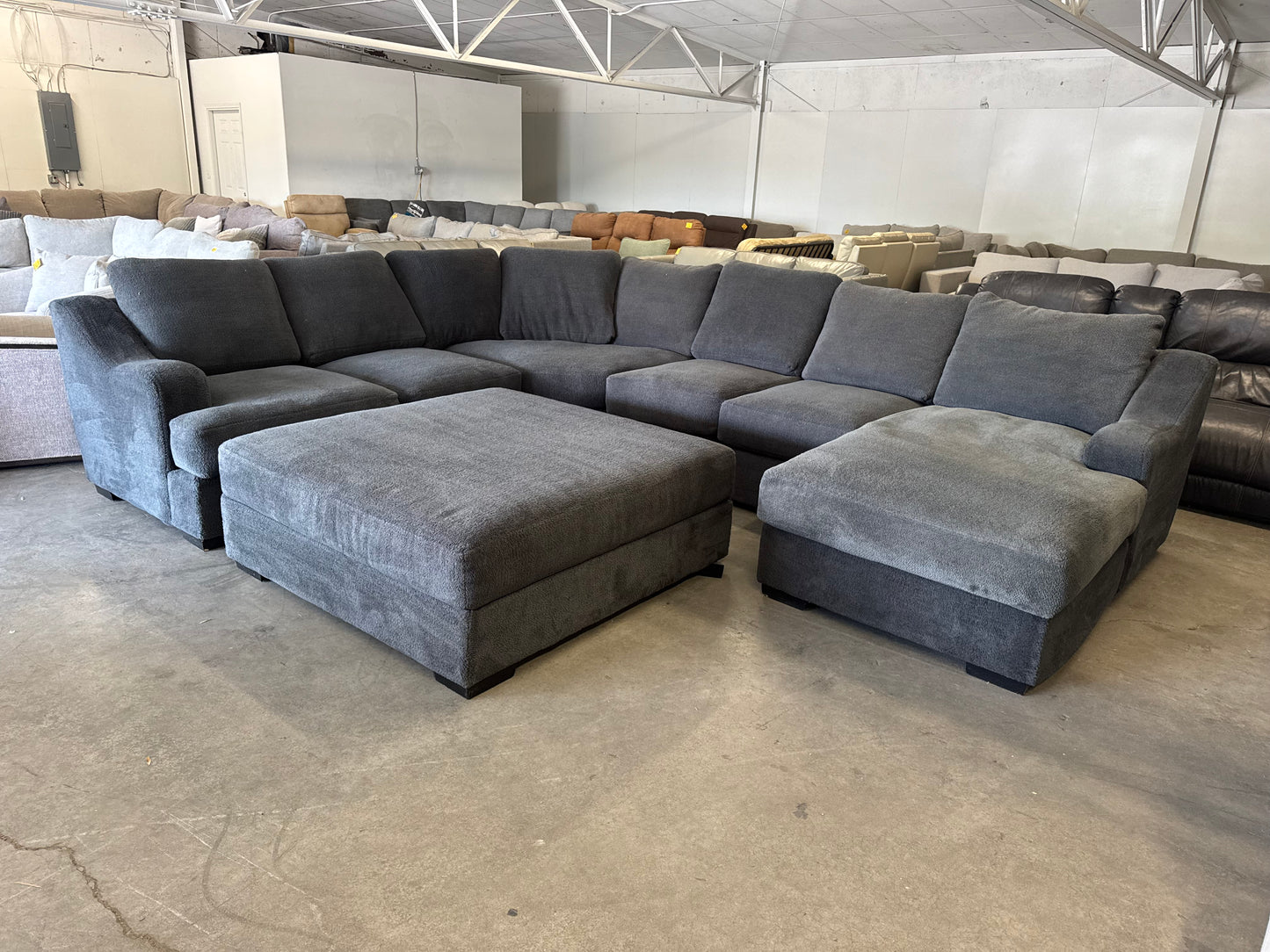 Oversized Charcoal Gray Plush Sectional with Ottoman