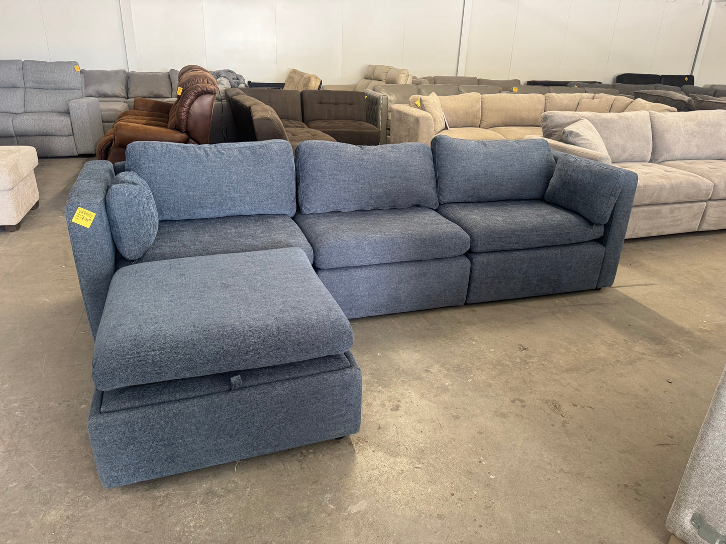 Denim Blue Modular Sofa with Storage Ottoman