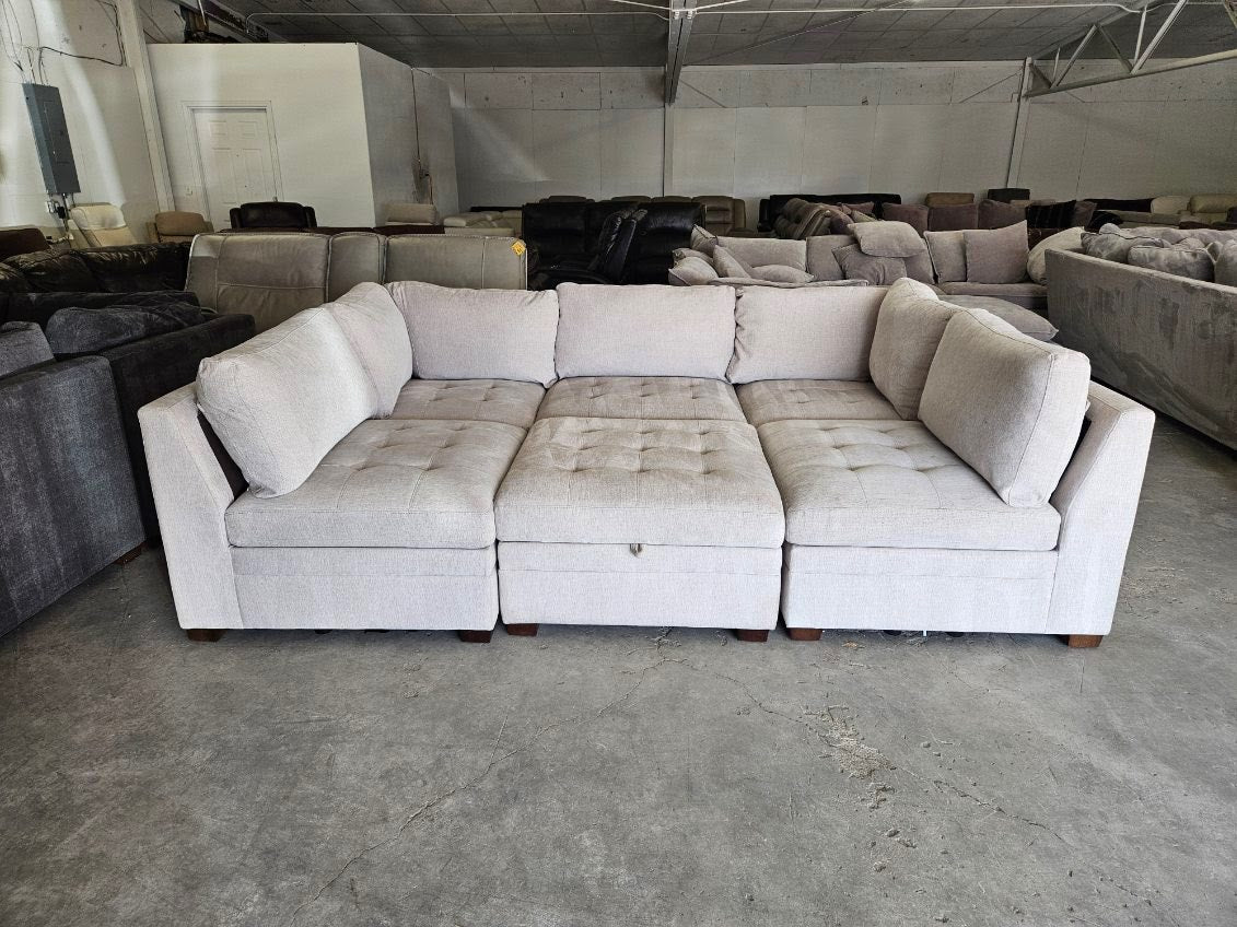 Beige 6 Piece Modular Sectional Sofa with Storage Ottoman