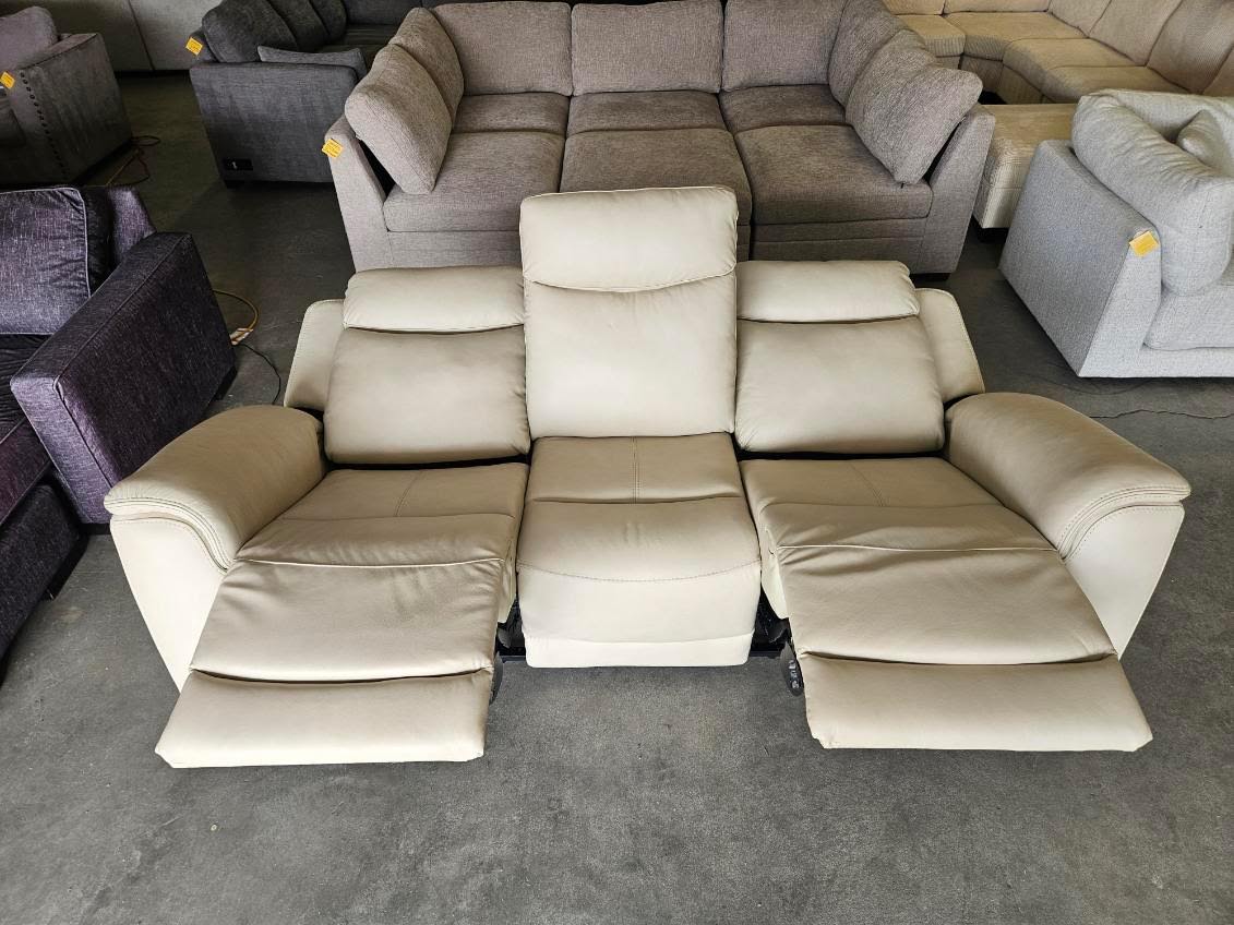 Cream Leather Power Reclining Sofa with Power Headrests