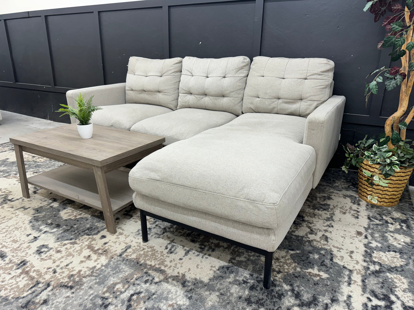 Cute Beige Gray Mid Century Modern Apartment Sectional with Reversible Chaise