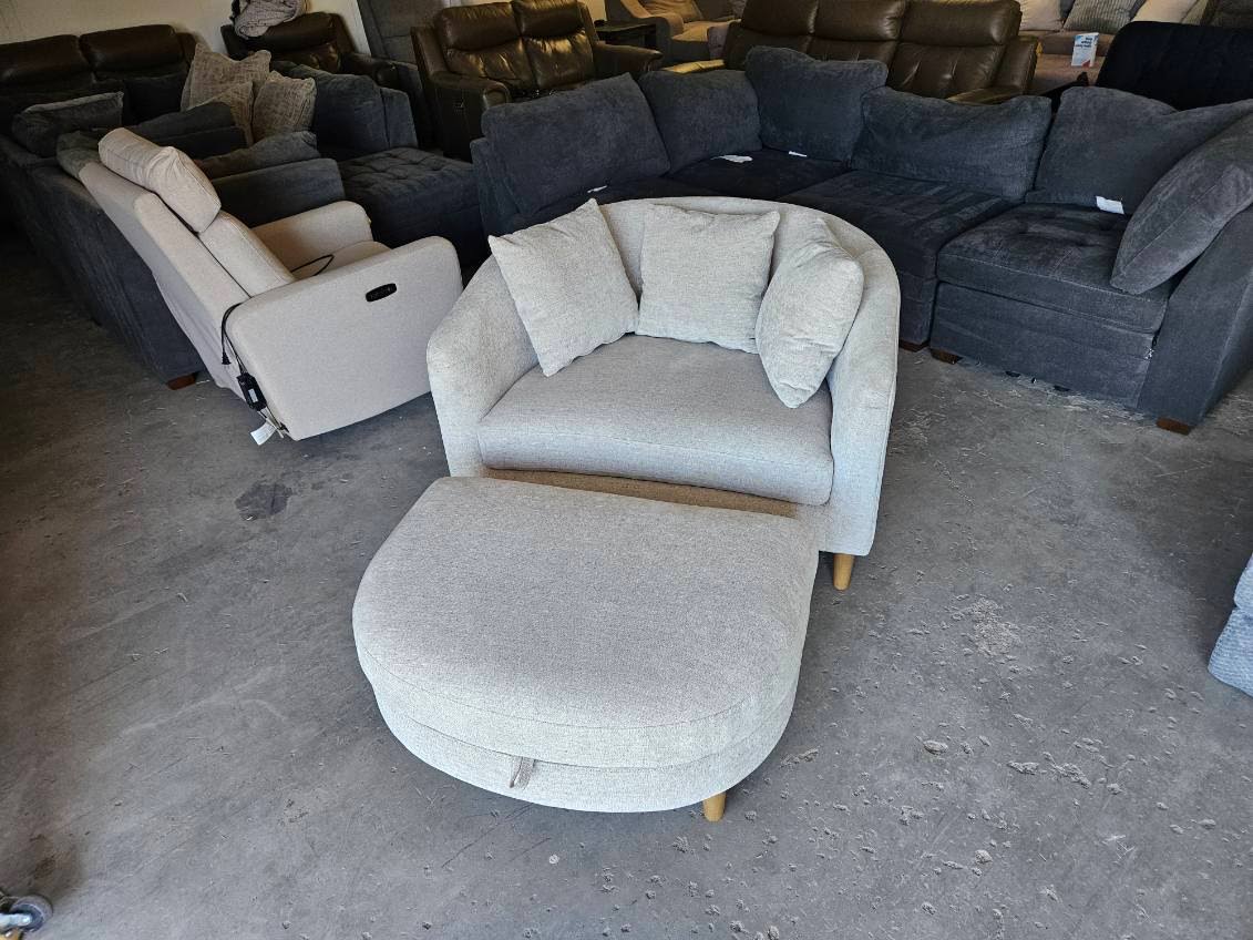Beige Gray Accent Chair with Storage Ottoman