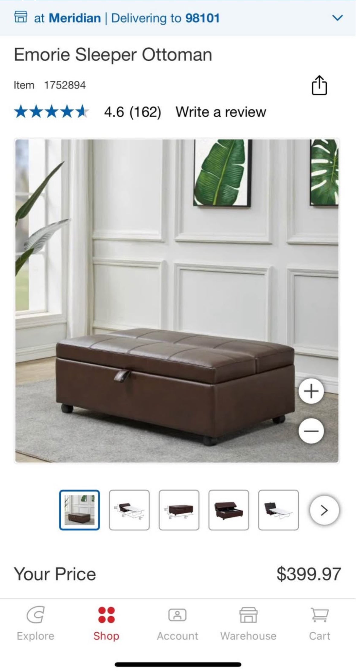 Brown Faux Leather Sleeper Ottoman with Pull-Out Bed