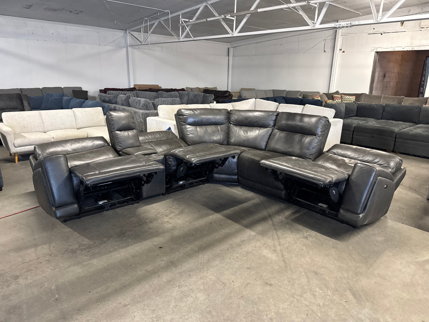 Dark Gray Leather 6-Piece Power Reclining Sectional w/ Power Headrests