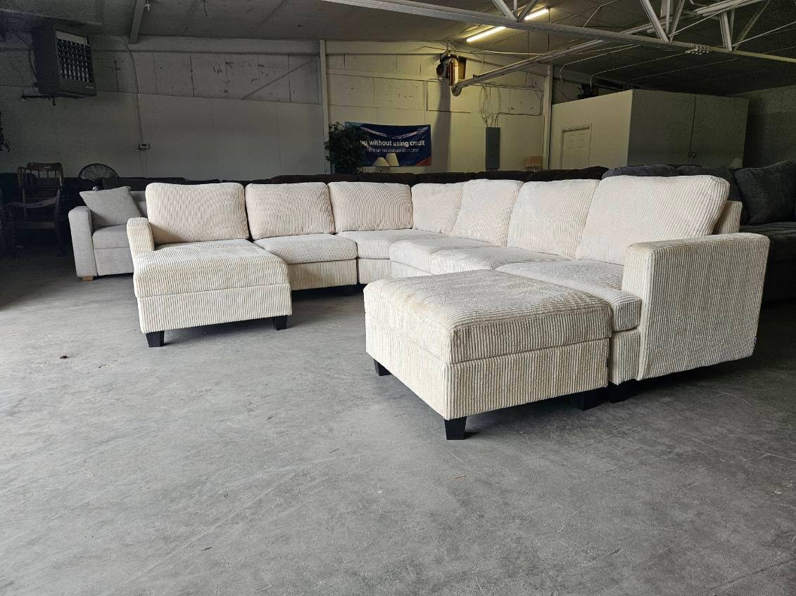 Cream Corduroy Modular Sectional with Dual Storage Ottomans
