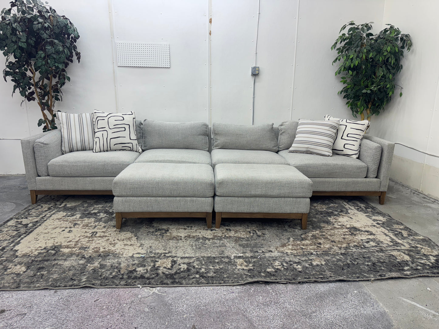 Huge Light Gray Mid-Century Modern Sofa w/ Two Ottomans