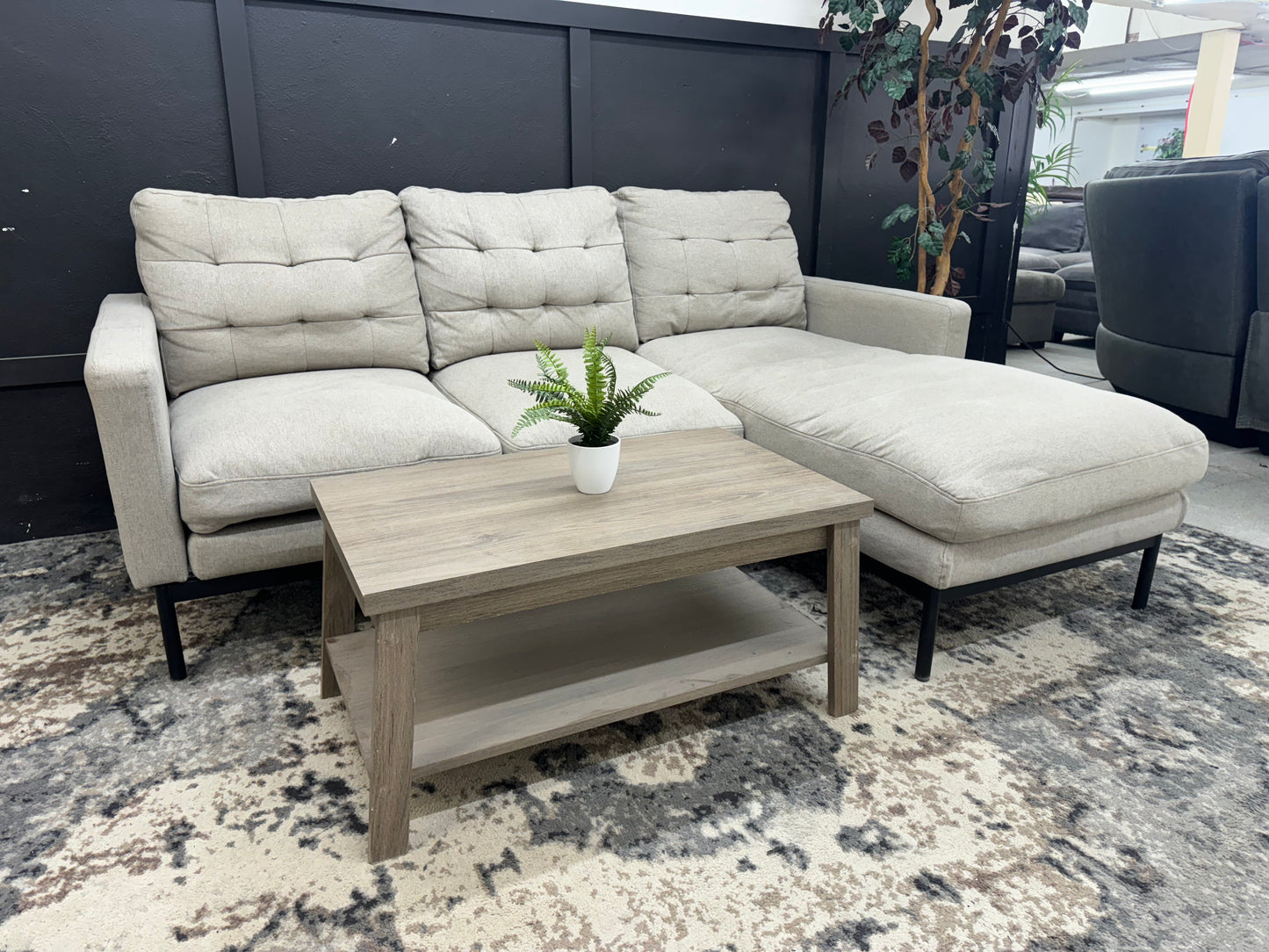 Cute Beige Gray Mid Century Modern Apartment Sectional with Reversible Chaise